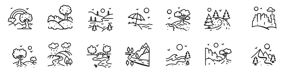 Beautiful Land Views Doodle Icons . vector. editable