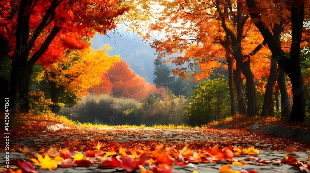 Aufkleber 鮮やかな紅葉の並木道 太陽光と落ち葉が彩る秋の風景 美しい色彩と自然の美しさ