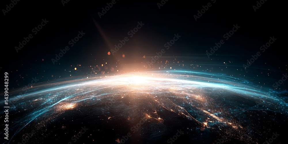 Poster stunning digital representation of earth with bright lights, data streams, and bright stars in a cos