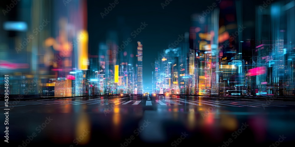 Poster Futuristic cityscape with neon lights and digital data streams creating an immersive visual experience of technology and modernity in urban environments