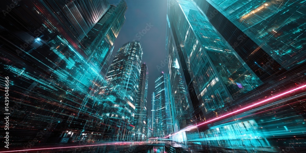 Leinwandbilder Futuristic cityscape with neon lights and digital data streams creating an immersive visual experience of technology and modernity in urban environments