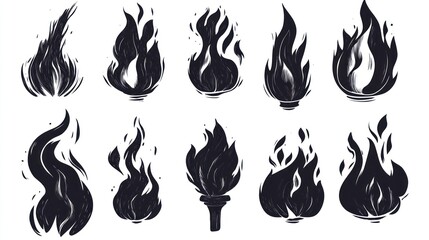 Black flame icons; isolated white background; graphic design elements