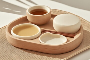 Light Beige Ceramic and Wooden Tea Set