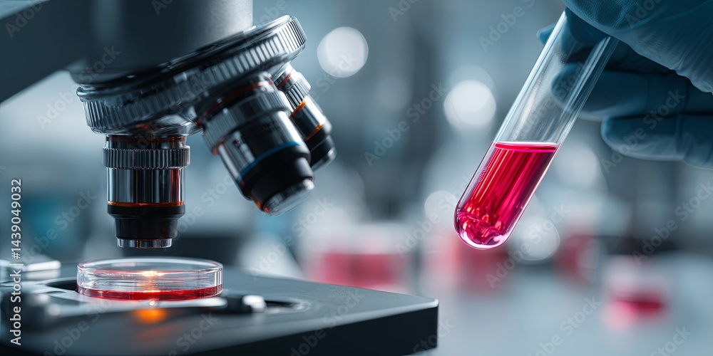 Poster laboratory environment with microscope and scientist holding test tube with red liquid in modern res