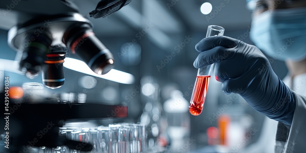 Leinwandbilder Laboratory Environment with Microscope and Scientist Holding Test Tube with Red Liquid in Modern Research Facility