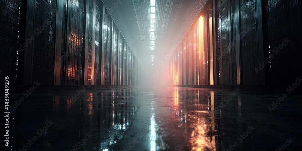 Poster Futuristic Data Center with Glowing Server Racks and Soft Light Effects Creating a Dynamic and Technologically Advanced Environment