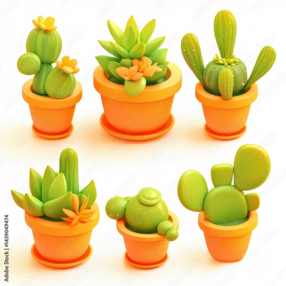 Aufkleber オレンジ色の鉢植えのサボテンのクローズアップ 白い背景に緑の多肉植物 夏の装飾デザイン