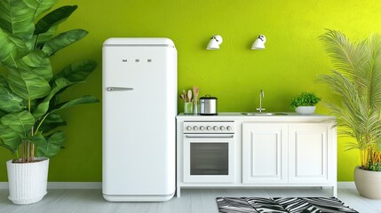 Interior design of a compact kitchen with retro appliances.