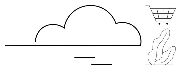 Cloud outline with linear shopping cart and leaf accents. Ideal for technology, e-commerce, cloud storage, environmental awareness, online retail, minimal brand design, simple landing page
