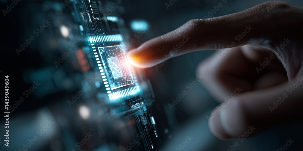 Poster Futuristic Digital Interface with Hand Gesture and Microchip Technology in a High-Tech Environment