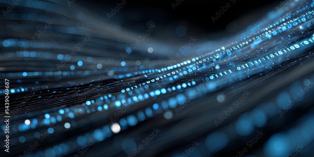 Poster Abstract Digital Data Background with Binary Codes and Flowing Light Particles Creating a Futuristic Atmosphere in Blue and Dark Tones