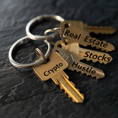 Golden Keyring with Real Estate, Stocks, Side Hustle, and Crypto Keys, Hyper-Realistic