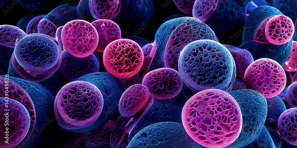 Poster close-up view of microscopic cells with delicate structures illuminated in blue and purple light for