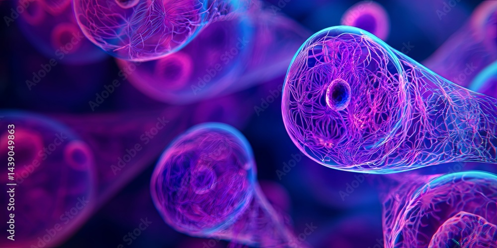 Poster close-up view of microscopic cells with delicate structures illuminated in blue and purple light for