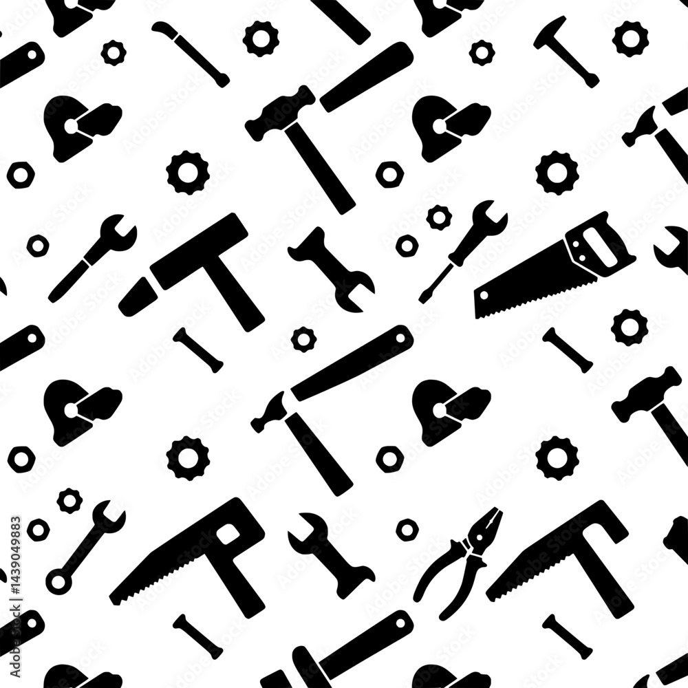 Poster construction tools seamless pattern: a black and white seamless pattern featuring various constructi
