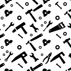 Obraz premium Construction Tools Seamless Pattern: A black and white seamless pattern featuring various construction tools, such as hammers, wrenches, saws, and hard hats, creating a bold and graphic design.