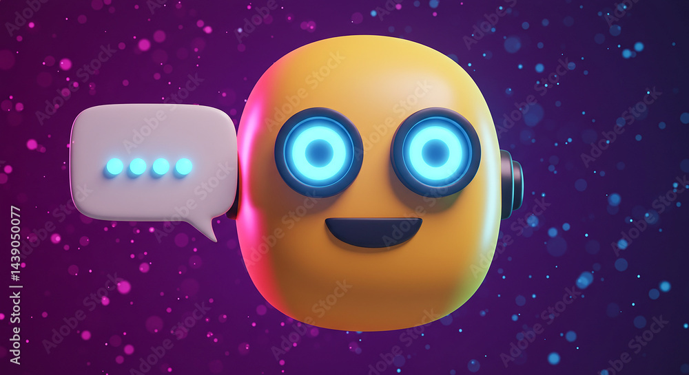 Poster Friendly chatbot showing typing indicator in speech bubble on purple background