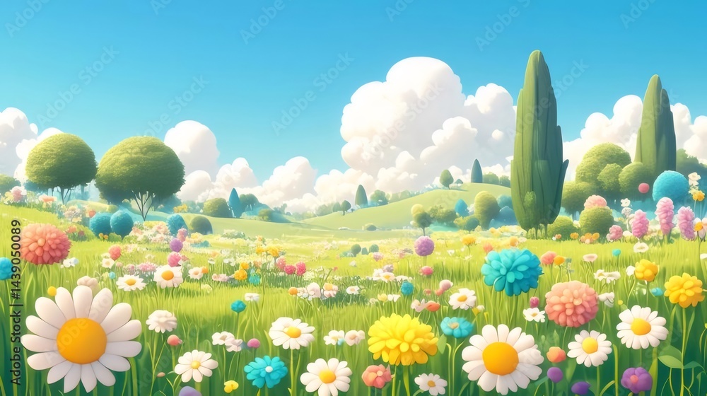Poster カラフルな花々咲き誇る草原 青い空と白い雲の下 太陽の下の美しい屋外風景