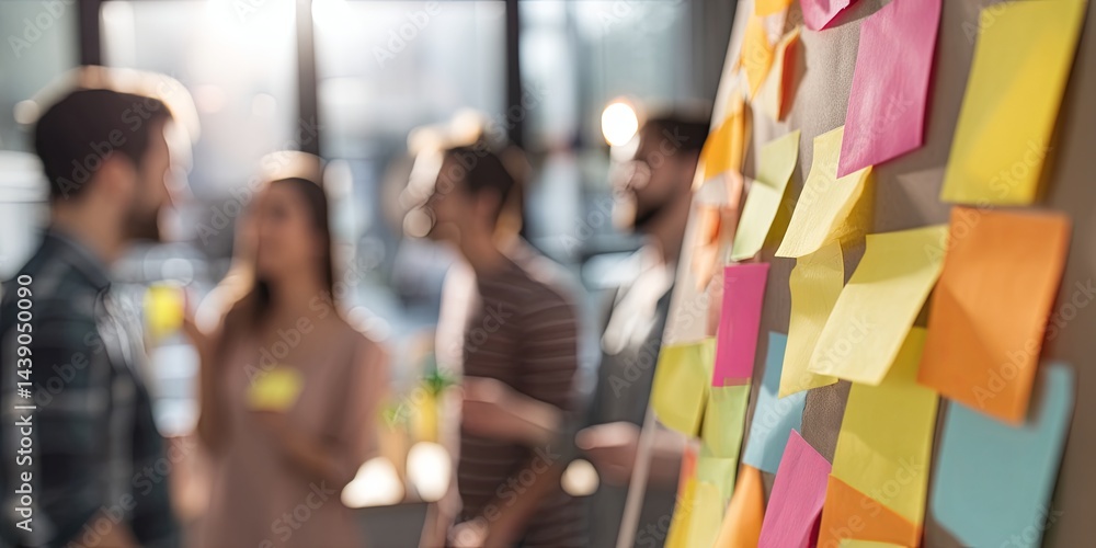 Leinwandbilder Collaborative brainstorming session with sticky notes on a flip chart in a modern workspace, creative team engaging in innovative ideas, blurred background