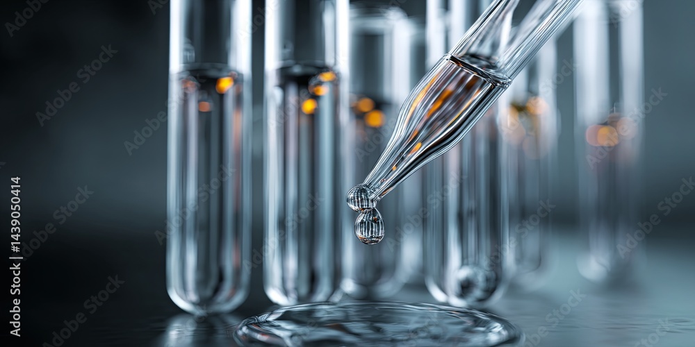 Poster transparent glass test tubes with a dropper releasing a droplet in a laboratory setting, focusing on