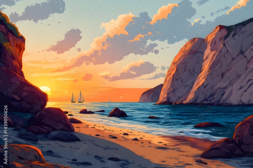 Aufkleber 夕焼け時の穏やかな海と岩場のあるビーチの風景 鮮やかなオレンジ色の光と雲 自然の美しさ
