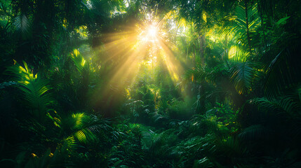 Obraz premium Sunbeams pierce through dense jungle foliage, illuminating lush green leaves and creating a magical, mystical atmosphere.