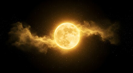 Golden Celestial Orb Enigmatic Moon in Cosmic Cloudscape, Night Sky, Glowing Celestial Body, Fantasy Art
