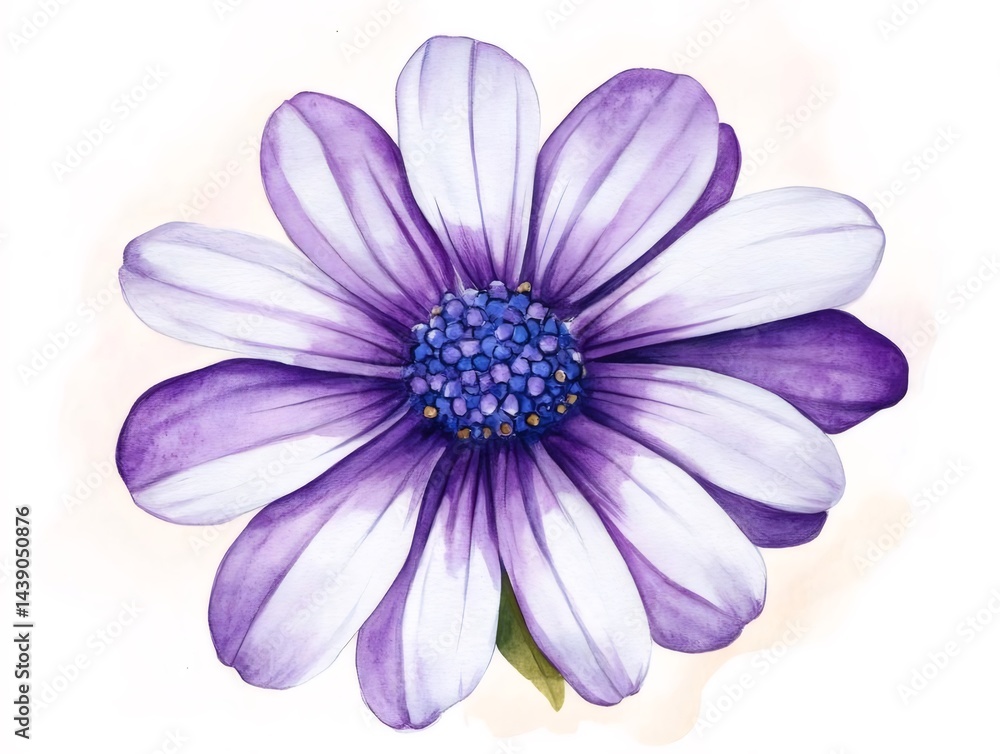 Poster 水彩画の紫と白の花 鮮やかな色の花びらと青い中心部 白い背景のシンプルな花のイラスト