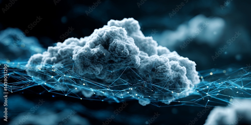 Poster Futuristic Digital Cloud Computing Concept with Abstract Data Flow Representation and Technology Elements in Blue-Toned Background