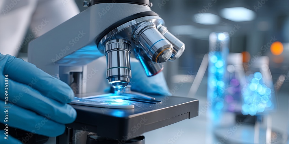 Poster Close-Up View of a Scientist Using a Microscope for Analysis in a Laboratory Environment with Blue Gloves in a Professional Setting