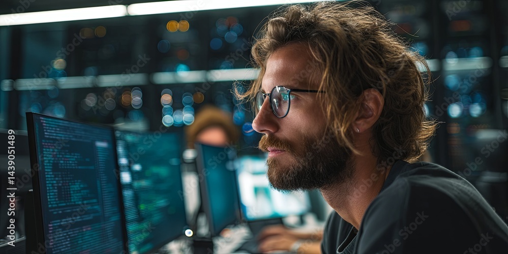 Poster Male Programmer Focused on Coding in Modern Office Environment with Multiple Monitors Displaying Complex Data and Servers in Background