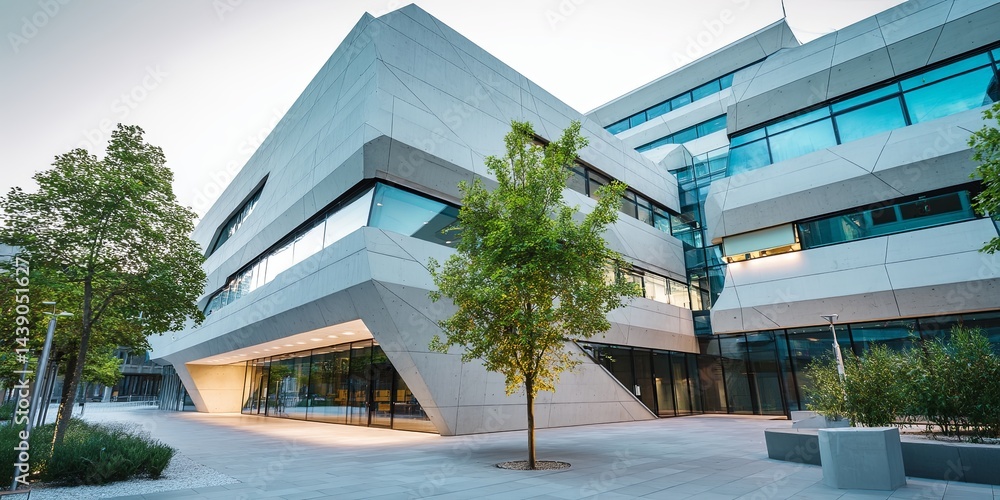 Poster modern architecture with geometric shapes and angular lines capturing light in an urban environment
