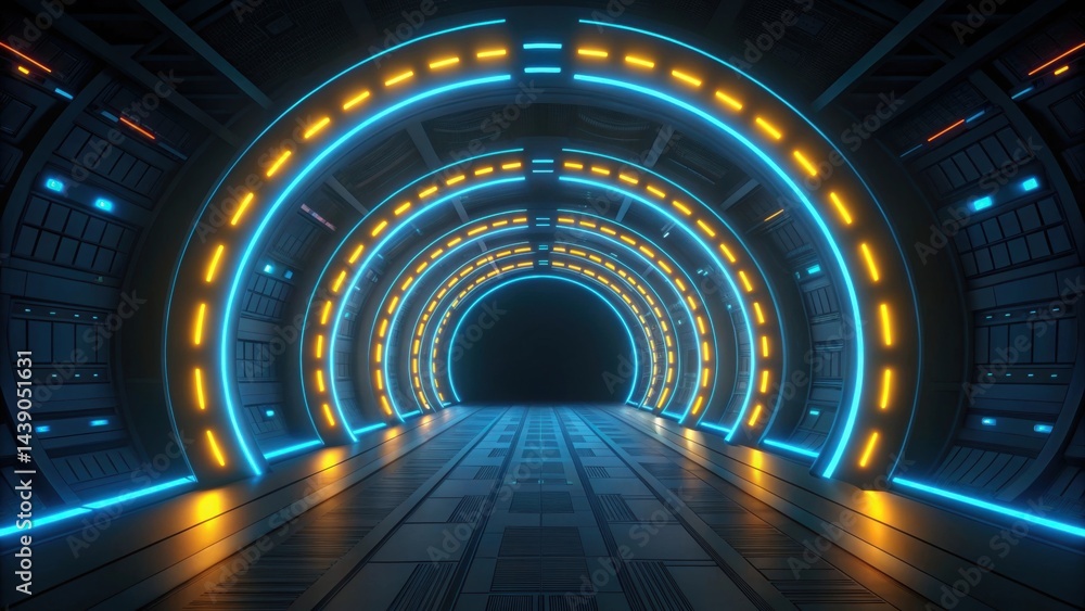 Poster abstract gradient science technology and medical. futuristic tunnel with glowing lights and metallic