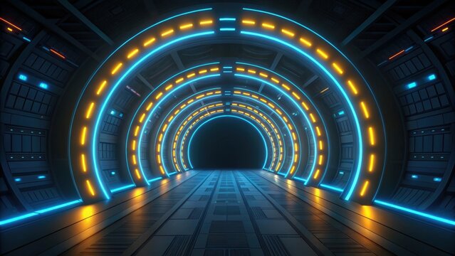 Abstract gradient Science technology and medical. Futuristic tunnel with glowing lights and metallic architecture creates a sci-fi atmosphere.