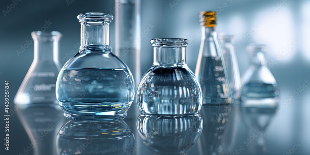 Poster clear laboratory glassware on reflective surface with blue background, featuring beakers and flasks 