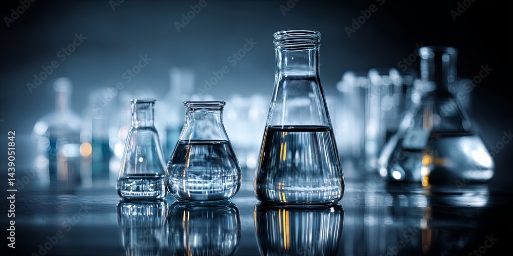 Poster clear laboratory glassware on reflective surface with blue background, featuring beakers and flasks 