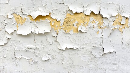 Paint peeling, cracking on aged stucco wall, revealing yellow underneath
