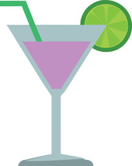 Colorful line art of a tropical drink in a margarita glass with lime , in a minimalist style on transparent background.
