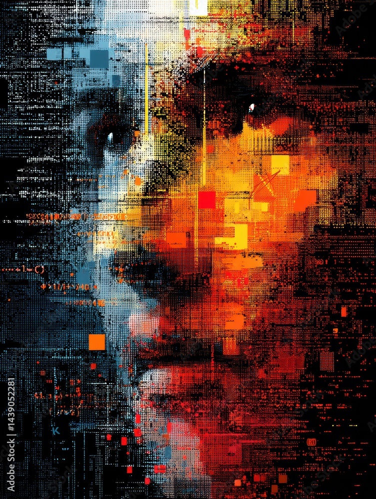 Aufkleber abstract face representation showcasing a blend of code, color, and geometric patterns in a digital 