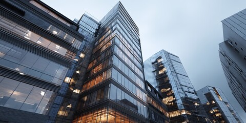 Naklejka premium Modern Office Building Exteriors Reflecting Glass Facades and Dynamic Urban Architecture in a Bustling Business District