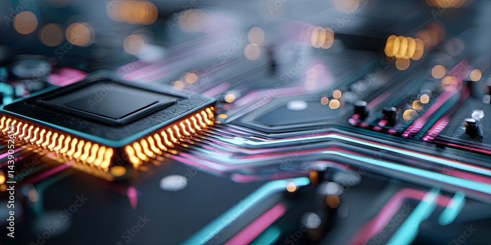 Poster Abstract futuristic circuit board technology design with glowing microchip and vibrant neon lines for digital and tech backgrounds