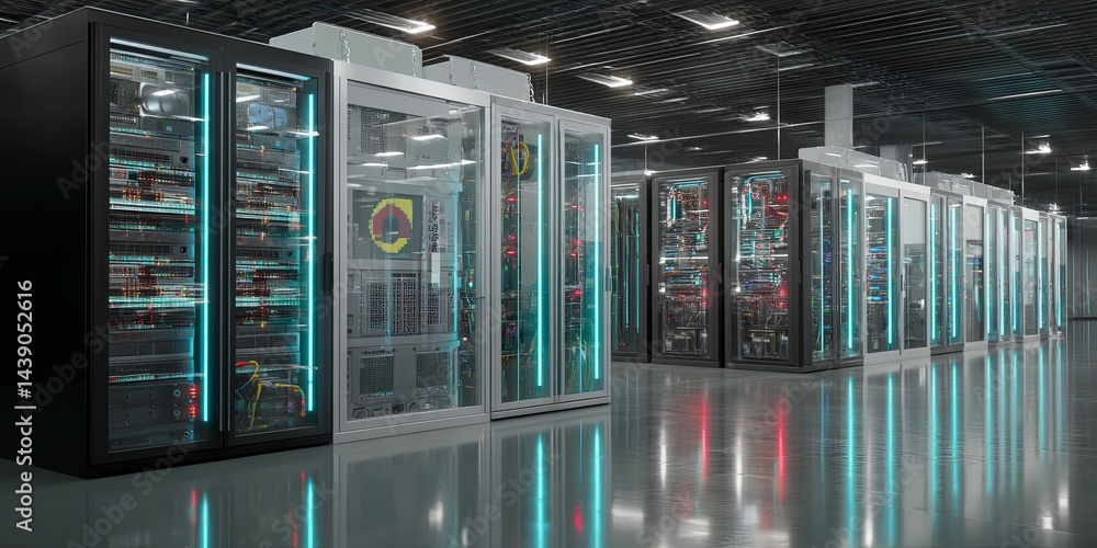 Poster Futuristic Data Center View with Illuminated Racks and Server Equipment in a High-Tech Environment