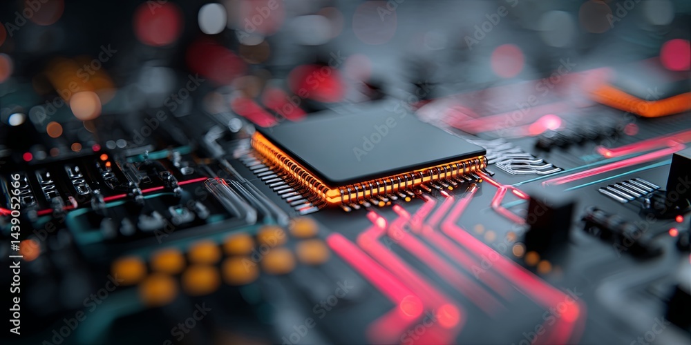 Aufkleber Abstract futuristic circuit board technology design with glowing microchip and vibrant neon lines for digital and tech backgrounds