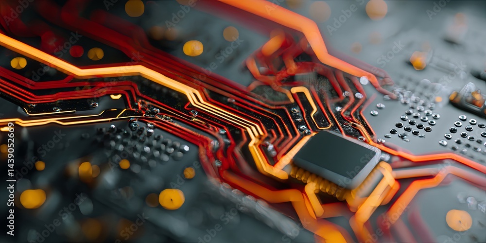 Aufkleber Abstract futuristic circuit board technology design with glowing microchip and vibrant neon lines for digital and tech backgrounds