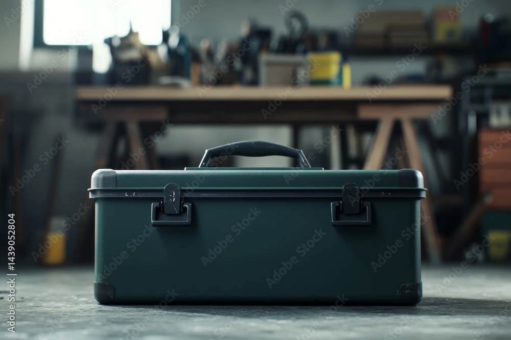 Poster closed dark green toolbox positioned on a gray floor in a workshop.