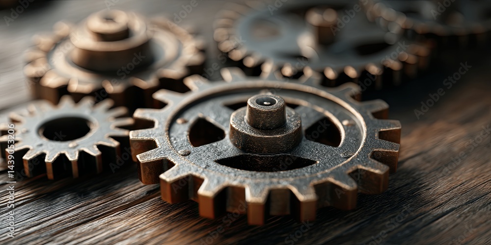 Poster Collaborative Teamwork in Business with Connected Cogs and Gears on Wooden Desk Representation of Partnership, Innovation, and Joint Efforts in Project Management