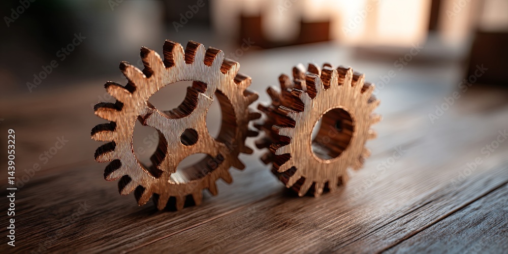 Poster Collaborative Teamwork in Business with Connected Cogs and Gears on Wooden Desk Representation of Partnership, Innovation, and Joint Efforts in Project Management