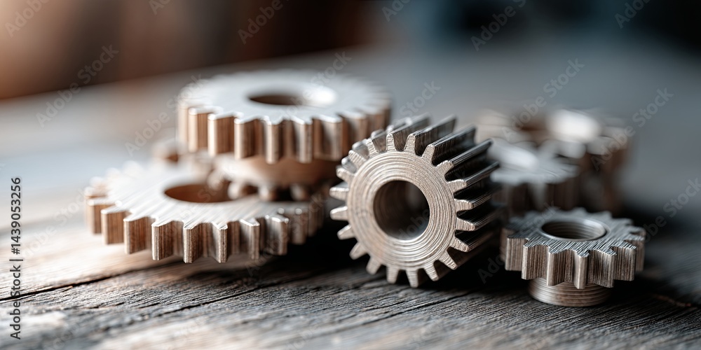Poster Collaborative Teamwork in Business with Connected Cogs and Gears on Wooden Desk Representation of Partnership, Innovation, and Joint Efforts in Project Management