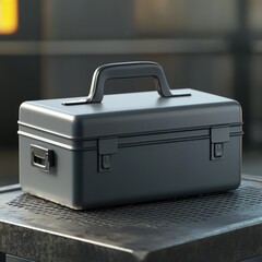 Close-up of a matte black metal toolbox on a dark surface.