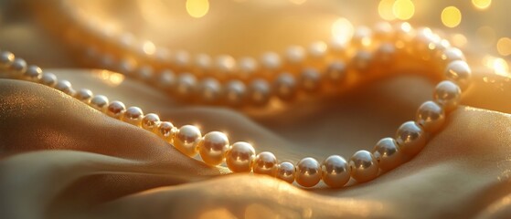 Pearl necklace rests on draped golden satin with bokeh light details